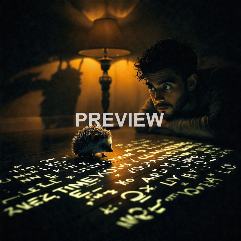 A young man with a curious expression lying on the floor in a dimly lit room, closely observing a small hedgehog on a surface covered with illuminated text, with a table lamp casting a warm glow and shadows in the background.